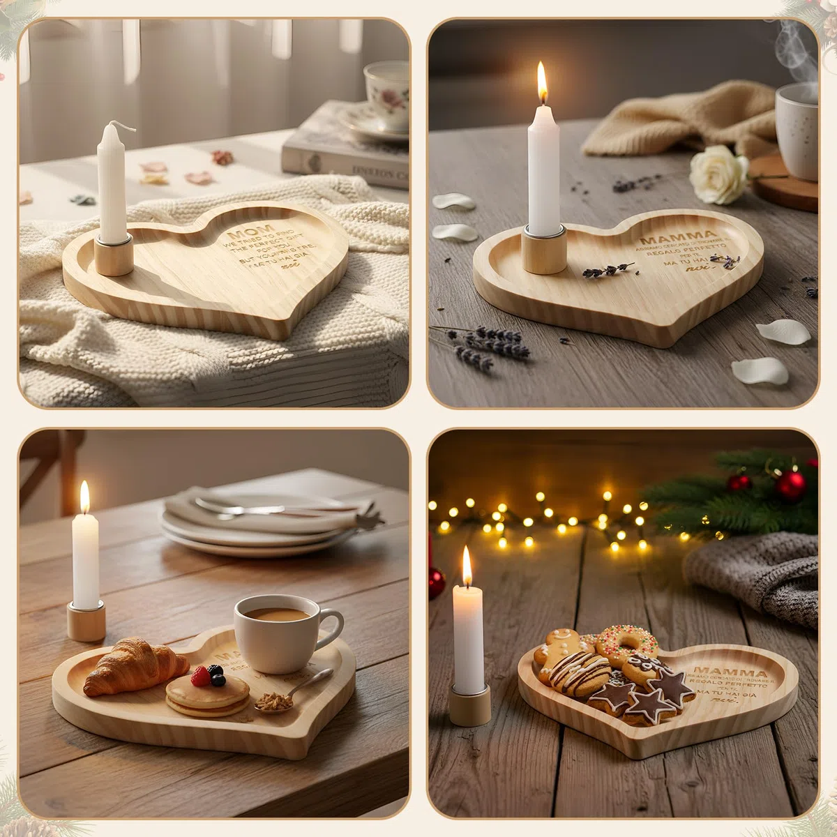 Photect Regalo Mamma Idee Regali Natale Mamma Vassoio a Forma di Cuore con Candele e Candelieri Originale Decorazione Casa per Compleanno Natale Anniversario Matrigna Suocera Nonna