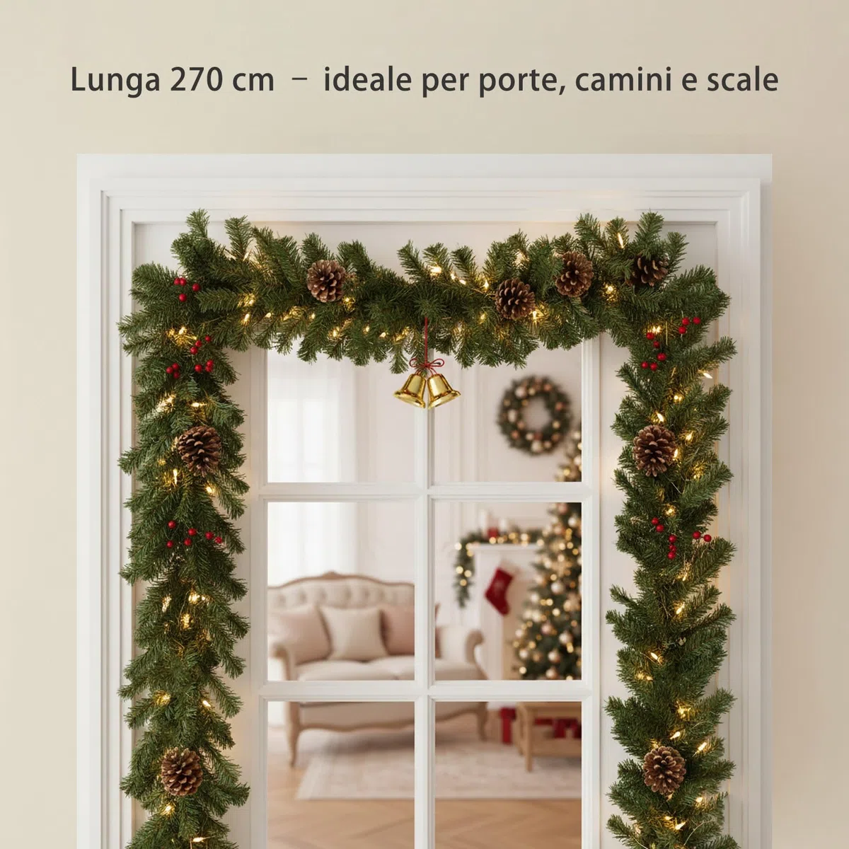 LEIVESTE-Ghirlanda Natalizia 270 cm con 220 Rami Verde Abete, Festone Natalizio per Porta, Camino, Scala,Decorazione di Natale per Interno ed Esterno (270 CM)
