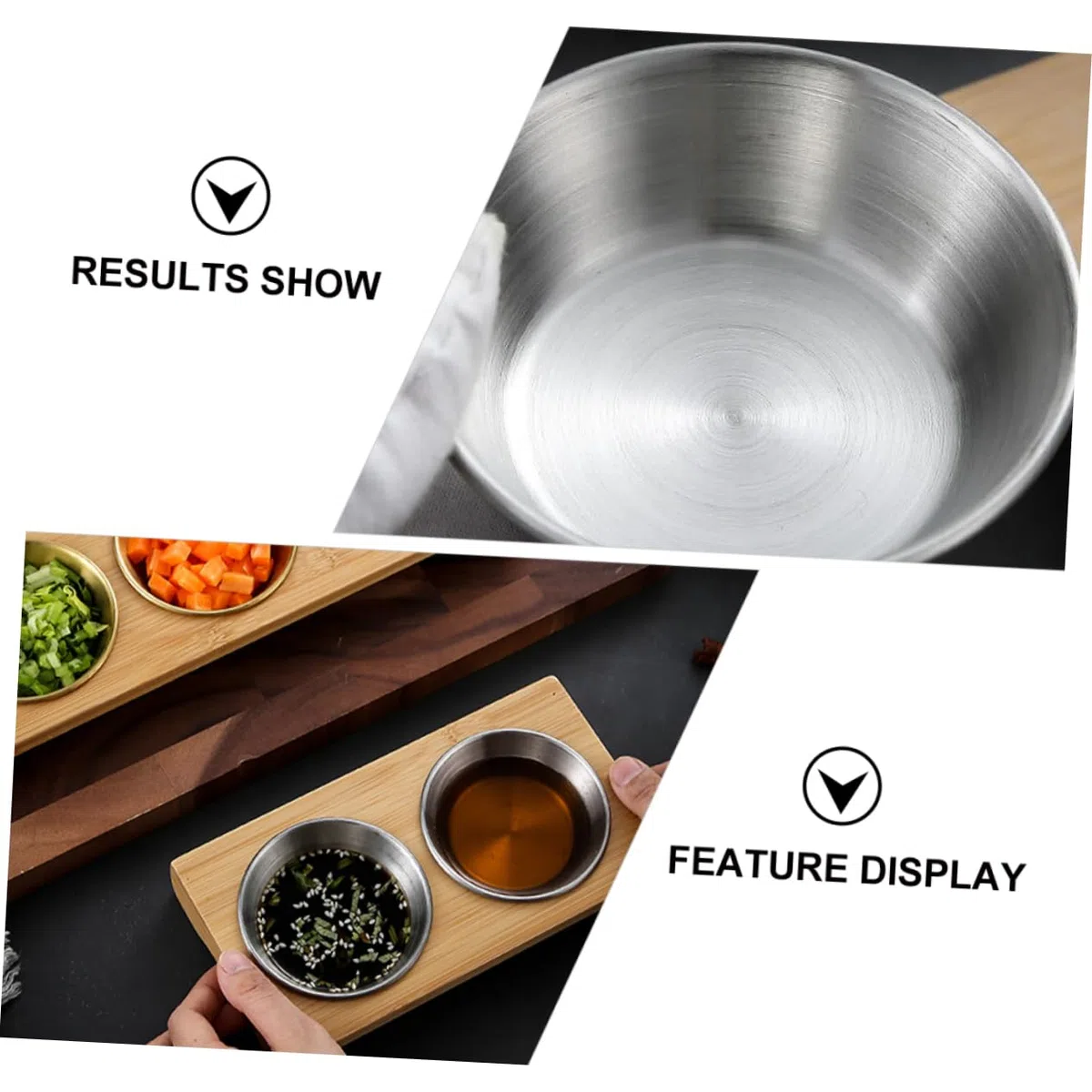 Set 1 Piatto Di Salsa e Piatto Di Condimento in Acciaio Inox 304 Base in Legno, Resistente e Profondo, Per Antipasti e Buffet Domestici