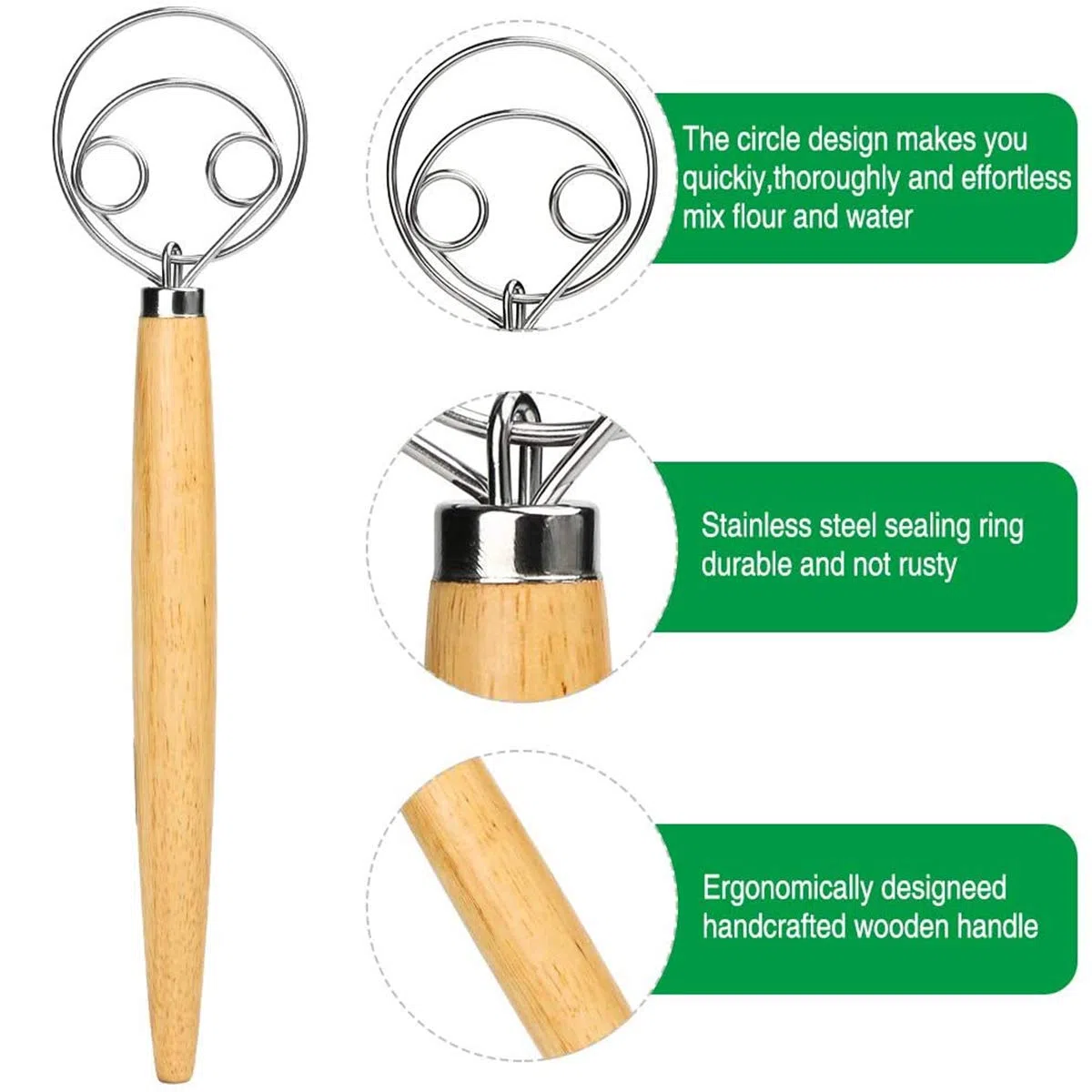 Professional Danish Dough Whisk, DBAILY 3pcs Frusta Pasta Danese Manico in Legno Fruste da Cucina in Acciaio Inox per Cuocere Torte Dessert Acida Pizza Pasticceria