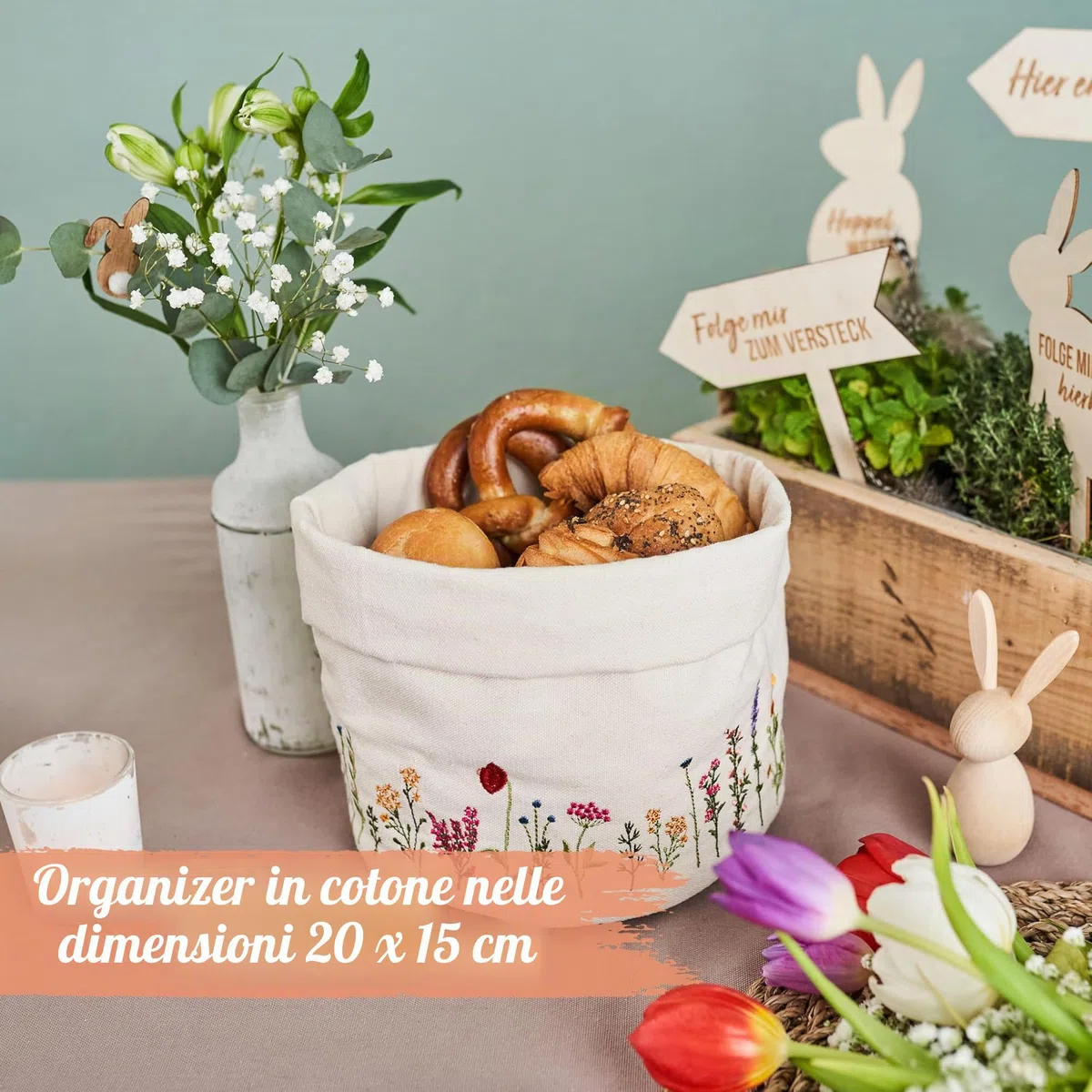 PAPIERDRACHEN Cestino per il pane con prato primaverile – affascinante decorazione da tavolo – con ricamo floreale di alta qualità in effetto prato