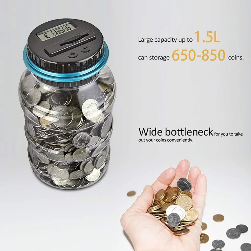 SQUADO - Salvadanaio Digitale, Euro Counter 1.5/1.8L Conta Monete Euro Per Adulti Salvadanaio Contamonete, Risparmio Contanti Con Display LCD e Grande Capacità