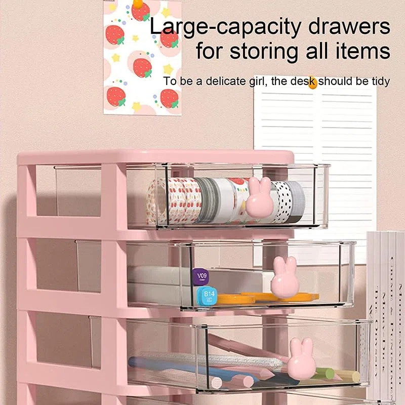 Mobile da tavolo con cassetti per archiviazione, organizer per articoli di cancelleria e arte, con adorabile maniglia a forma di coniglio, per ufficio, camera da letto e garage (Rosa, 3 livelli)
