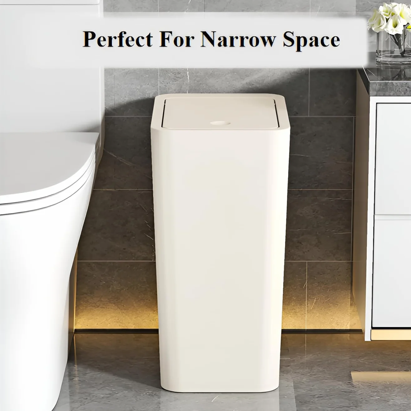 Kongming Pattumiera da bagno, 3 pezzi, da cucina, sottile, 10 l, con coperchio, inodore, per cucina, bagno, ufficio, soggiorno, camera da letto, WC (pattumiera nero)