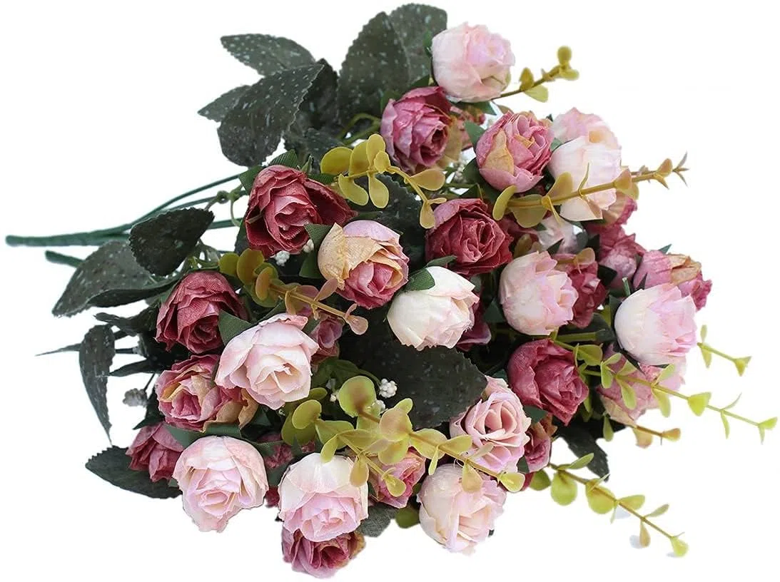 Fiori Finti per Decorazioni, 21 Teste Di Foiri Artificiali, 2 Bouquets Fiori Artificiali per Decorazioni, Matrimoni e Abitazioni, Fiore Finto per Cimitero (Rosso Rosa)