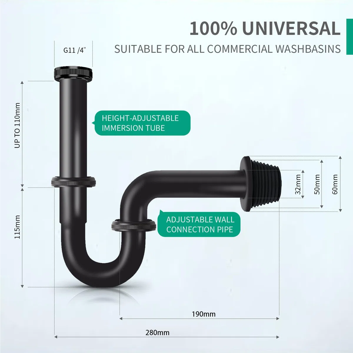 Sifone Lavabo Bagno - Lavello universale a Scarico Lavandino Bagno da 1 1/4" x 32 mm, Tubo di scarico in acciaio inox per Sifone Lavandino Bagno e Cucina (Nero - Lunghezza Standard)