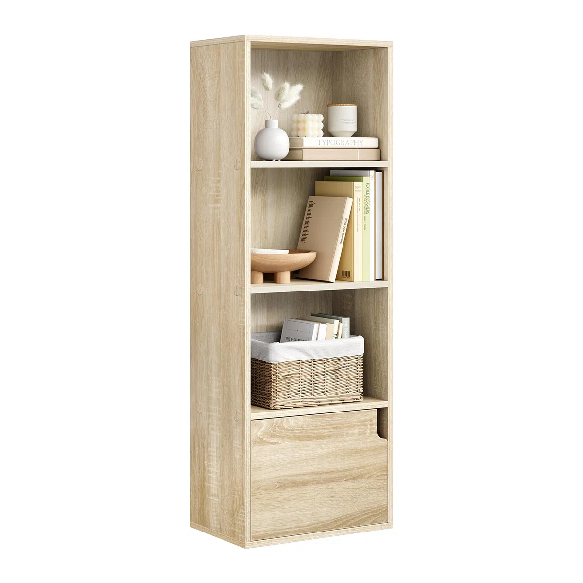 eSituro Libreria Verticale con 3 Scomparti a Giorno e 1 Armadietto, Scaffale Salvaspazio per Studio, Ufficio, in Truciolare e MDF, Legno Chiaro, 34x24x106 cm