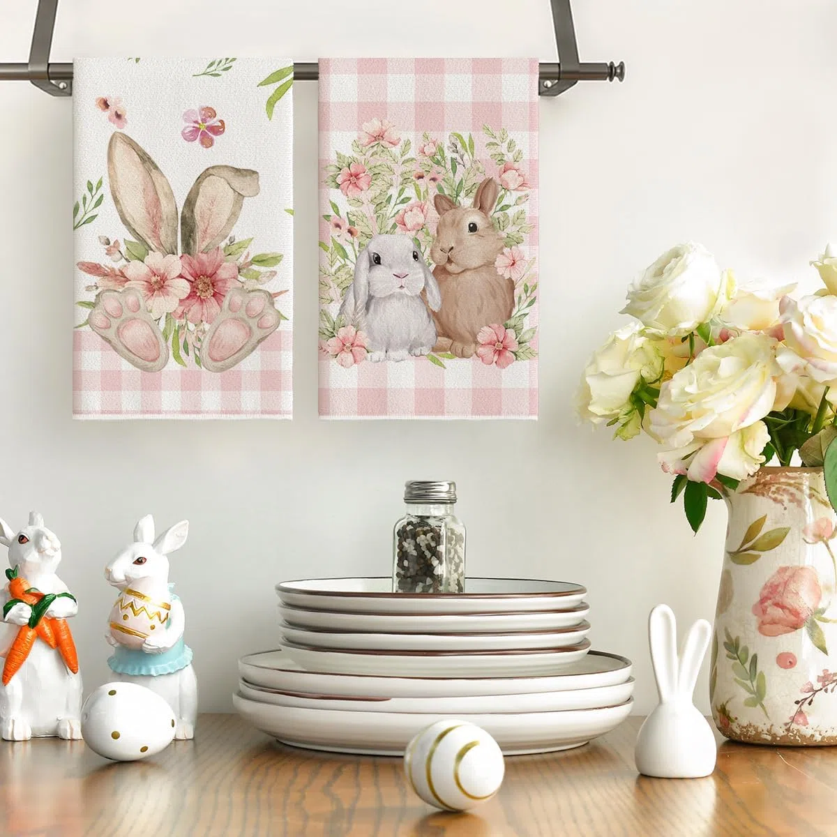 Artoid Mode Set di 2 asciugamani da cucina rosa a quadri di bufalo fiori coniglio pasquale, 42 x 65 cm, decorazione primaverile