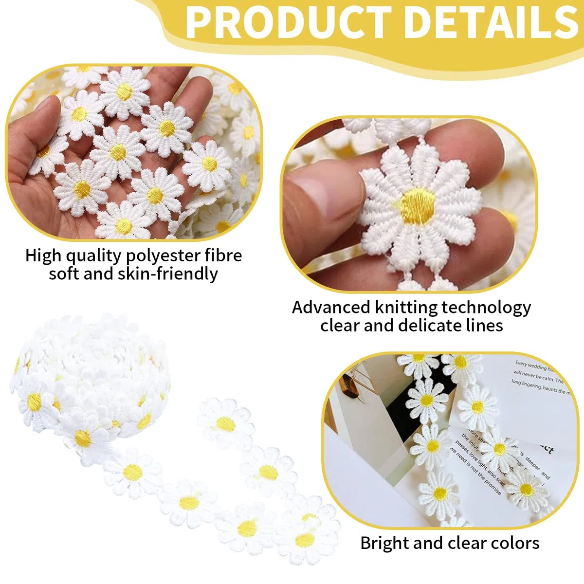 Passamaneria per Tessuti del Fiore, Passamaneria Decorativa del Fiore, Fiore Pizzo al Metro, Fatto di Seta del Poliestere, può Essere Usato per DIY, Decorazione Domestica (Giallo)
