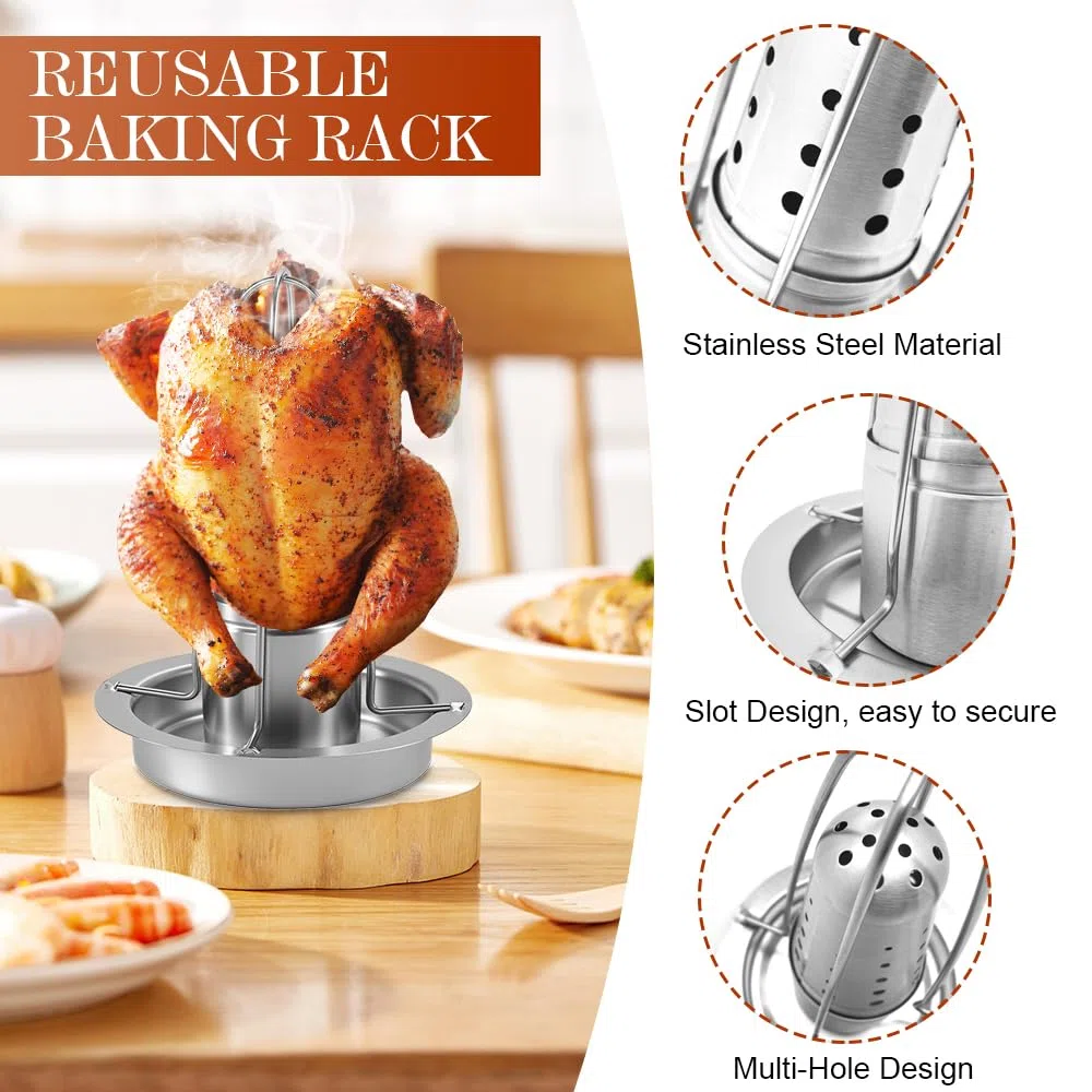 Supporto Pollo Bbq In Acciaio Inox,Griglia per Pollo Barbecue con Vassoio,Teglia per Pollos Girarrosto,Supporto per Cucinare,Porta Arrosto Antiaderente,Roaster Rack Verticale per Forno, Grilling