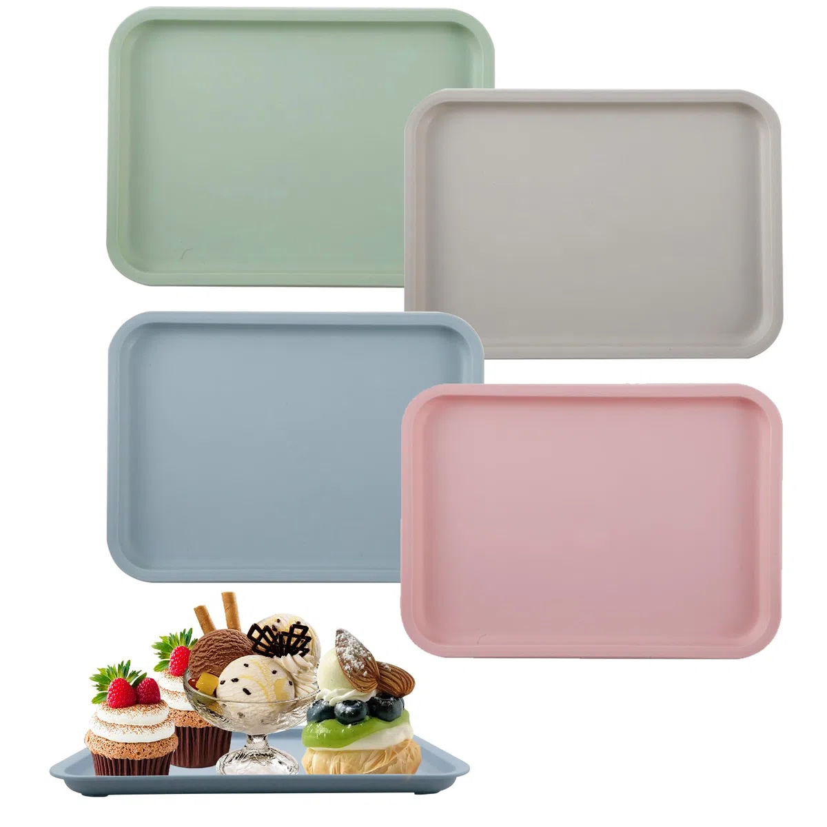 4 Vassoi Servizio Rettangolari Plastica Mini Vassoio Plastica Vassoi Rettangolari Riutilizzabili 24,5 x 17,5 cm per tè, cibo, snack, cucina, caffetteria, panetteria (4 Colori)