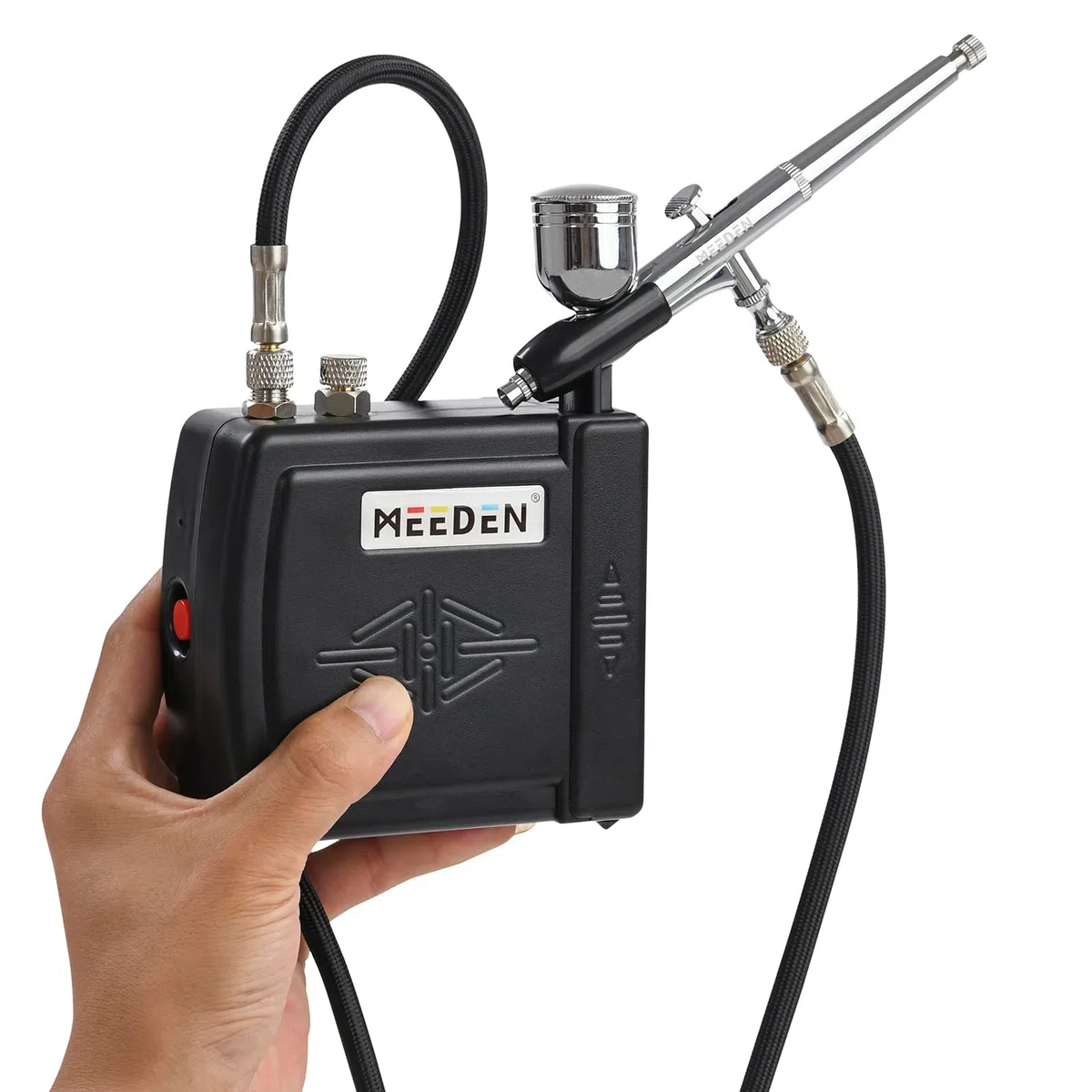 MEEDEN Kit aerografo con mini compressore d'aria portatile, pistola aerografo a doppia azione con alimentazione a gravità, kit di pulizia a 12 colori aerografo per la pittura di modelli - Nero
