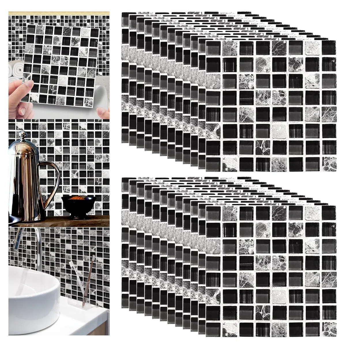 Adesivi per Piastrelle 20x20cm,ESYFOR 24PCS Adesivi da Parete Impermeabili Autoadesivi 3D Mosaico PVC Sticker Piastrelle Adesive per Bagno Cucina Parete Fai da Te