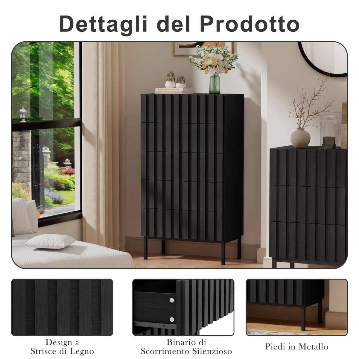 UEV Cassettiera Naturale con 5 Cassetti, Settimino Salvaspazio con Motivo a Doghe di Legno, Cassettiere Camera da Letto Solida e Stabile con Design Antiribaltamento, 60 x 34 x 110 cm, Nero