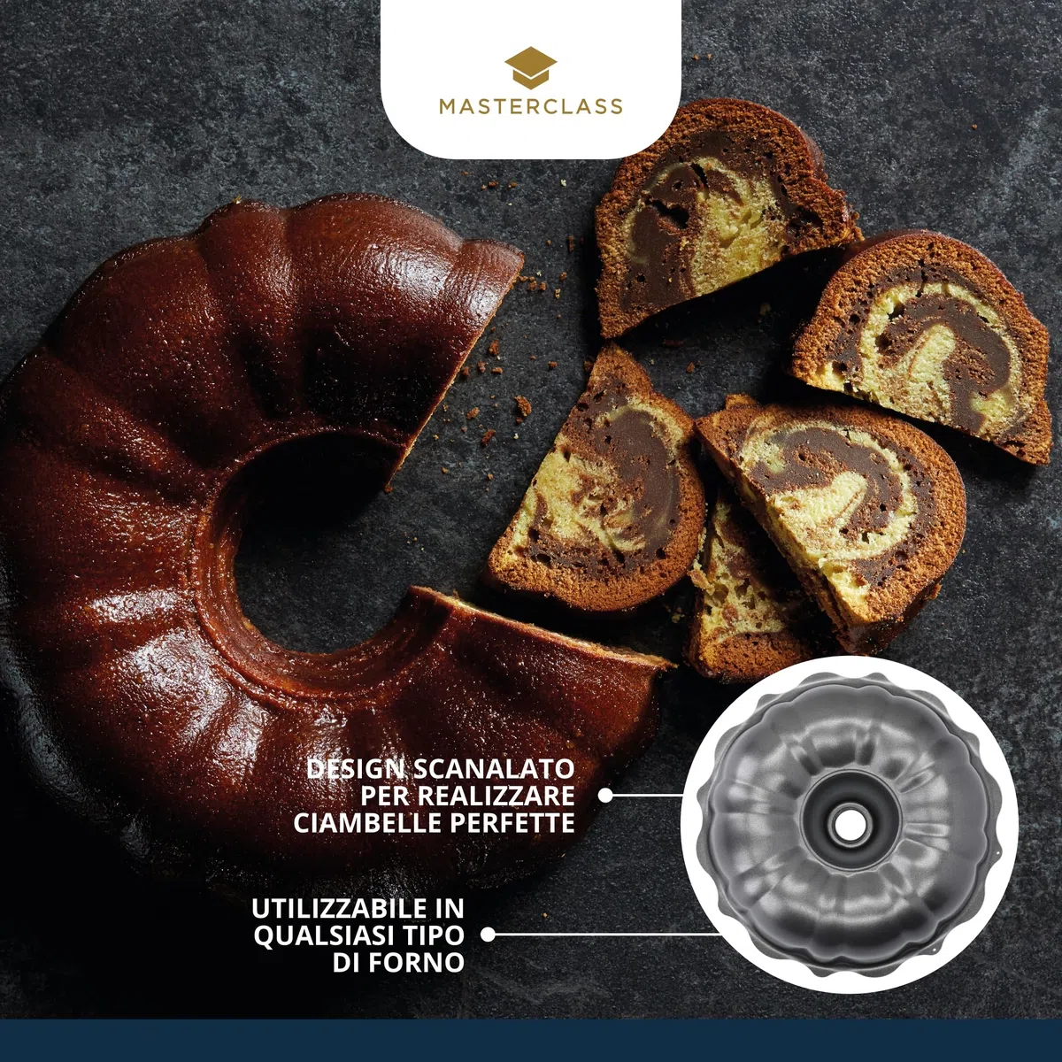 MasterClass Tortiera Scanalata 27 cm per Ciambella Antiaderente, Stampo Ciambellone