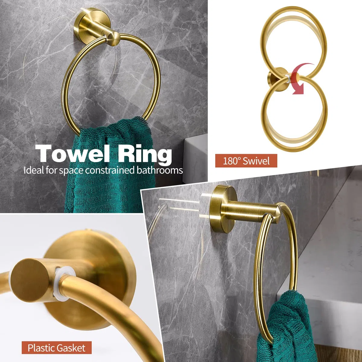 Set di 5 accessori da bagno in oro spazzolato, inclusi barre porta asciugamani da 40,6 cm, porta carta igienica, anelli per asciugamani, ganci per accappatoio