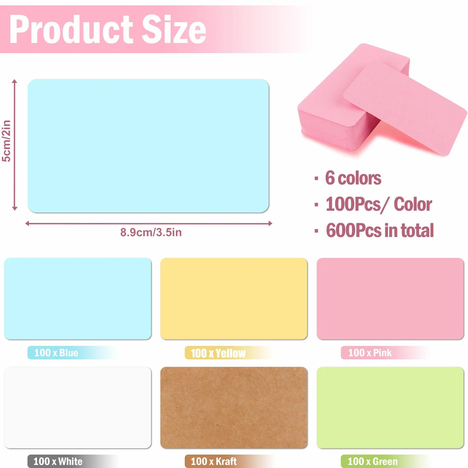 Biglietti di Carta Bianca 600 pezzi, RUNEAY 87 x 49mm Carta Kraft Colorata 6 Colori Biglietti di Comunicazione, Graffiti, Memoria, Carte DIY, Carte Educative vuote per l'apprendimento