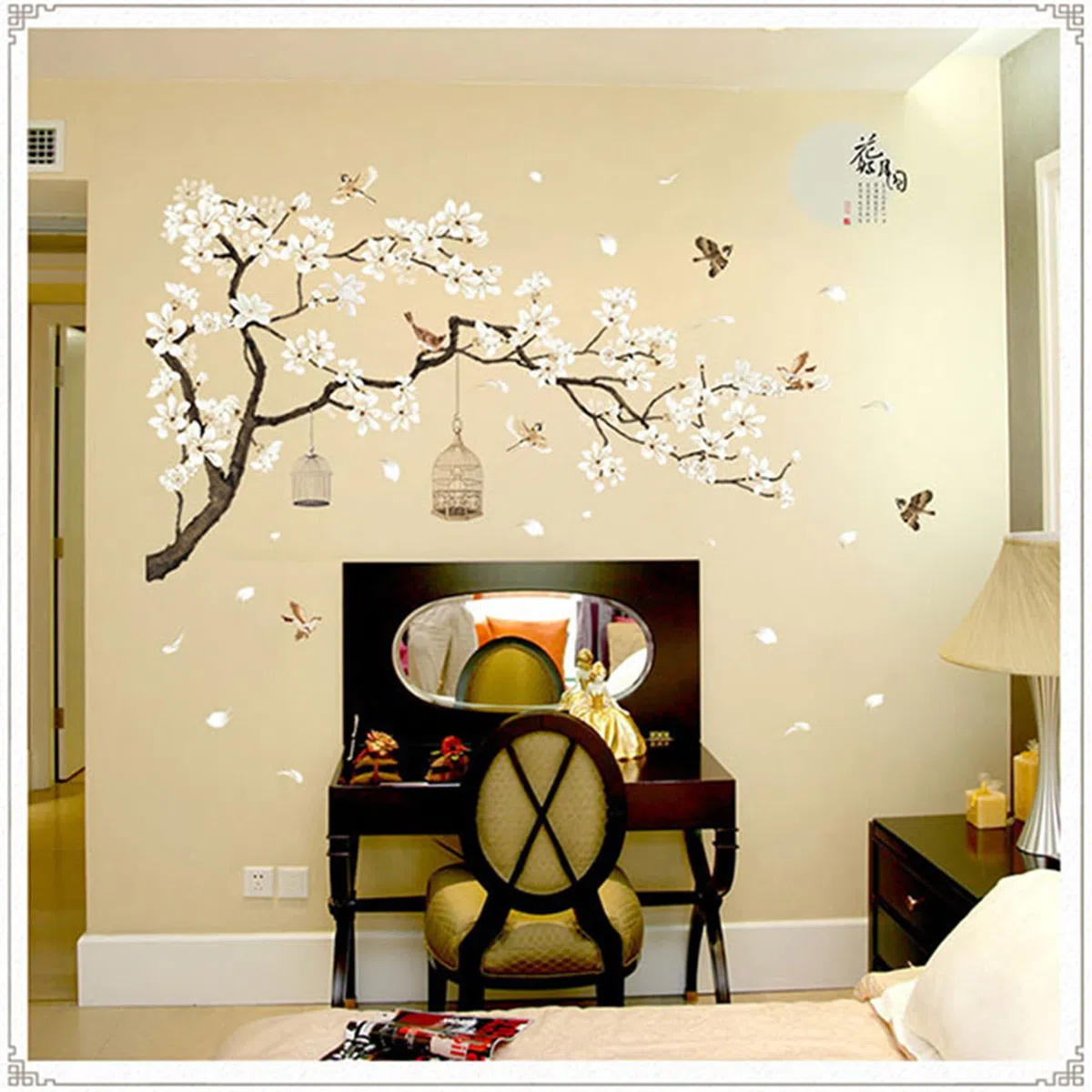 Adesivi murali grandi con fiori bianchi, 127 x 188 cm, rimovibili fai da te romantici fiori di ciliegio, adesivi murali 3D, decorazione per la casa per Gilrs camera da letto, camerette, soggiorno