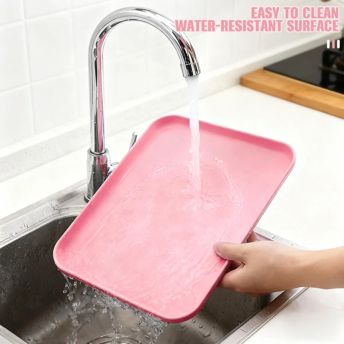 Confezione da 4 vassoi rettangolari in plastica per cucina, bevande, snack, tè, caffè, colazione, leggeri e resistenti (rosa)