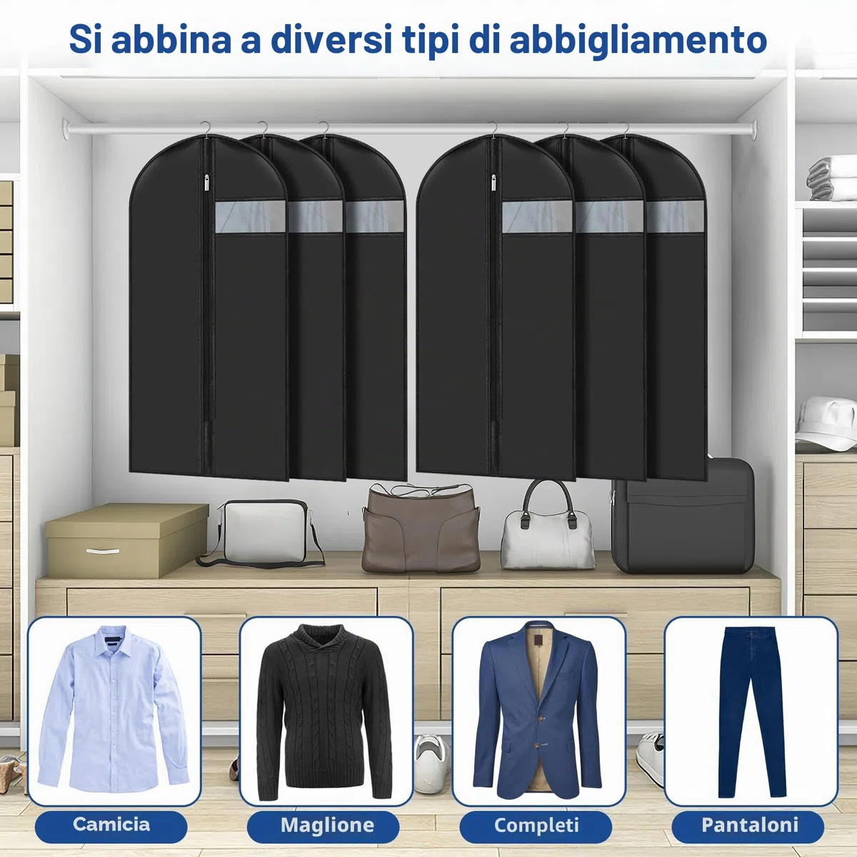 6 Pezzi Copriabiti Antipolvere 60 X 100 cm, Copri Abiti Custodie Abiti con Finestra Trasparente, Porta Abiti Antipolvere per Abiti con Cerniera, per Smoking Custodia Abiti Giacche Gonne e Camicie