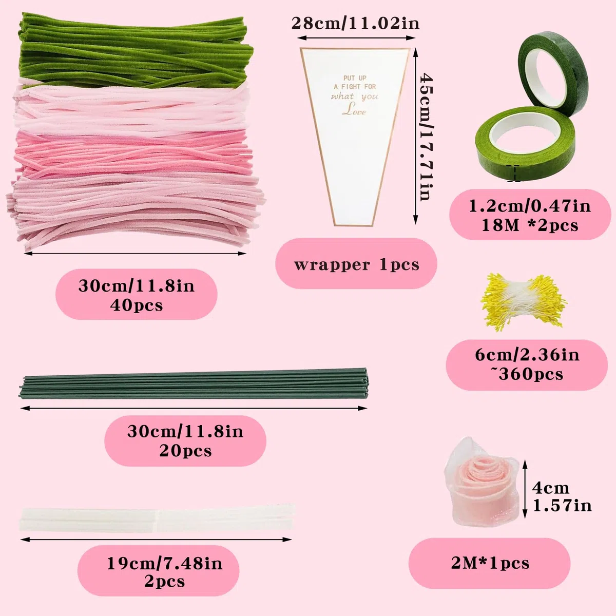 Set di 400 Scovolini con Fiori, Scovolini per Fai-da-te con Gambi, Stami, Nastro Floreale, Borsa Bianca per Fiori, Scovolini DIY per Tulipani & Idee Creative (Rosa)