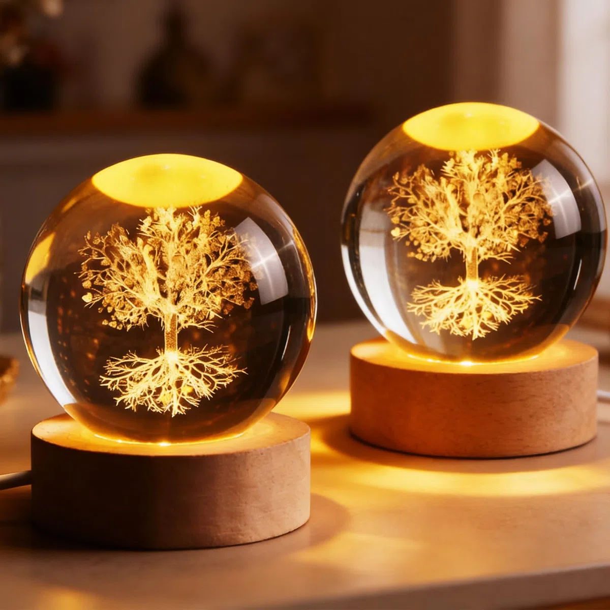 2 sfere di cristallo decorative: 6 cm, cristallo bianco con base in legno, sfera di vetro, incisione interna laser, sfera di cristallo 3D, fermacarte a forma di albero della vita, per regalo e
