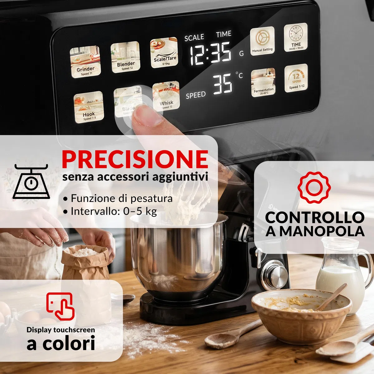 LEHMANN Teyles Impastatrice Planetaria Professionale 2100W 8L con Bilancia Integrata, Touchscreen e Ciotola Riscaldata, Blender 1,5L, Tritacarne, Planetaria per Pane e Pizza, Nero