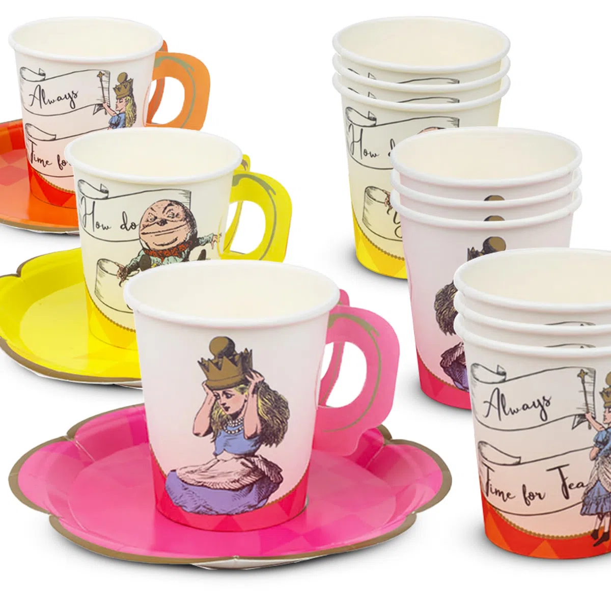 Talking Tables 12 x Tazze da Tè e Piattini Monousa Alice nel Paese delle Meraviglie – Festa della Mamma, Tè Pomeridiano, Cappellaio Matto, Pasqua, Compleanno – 170ml