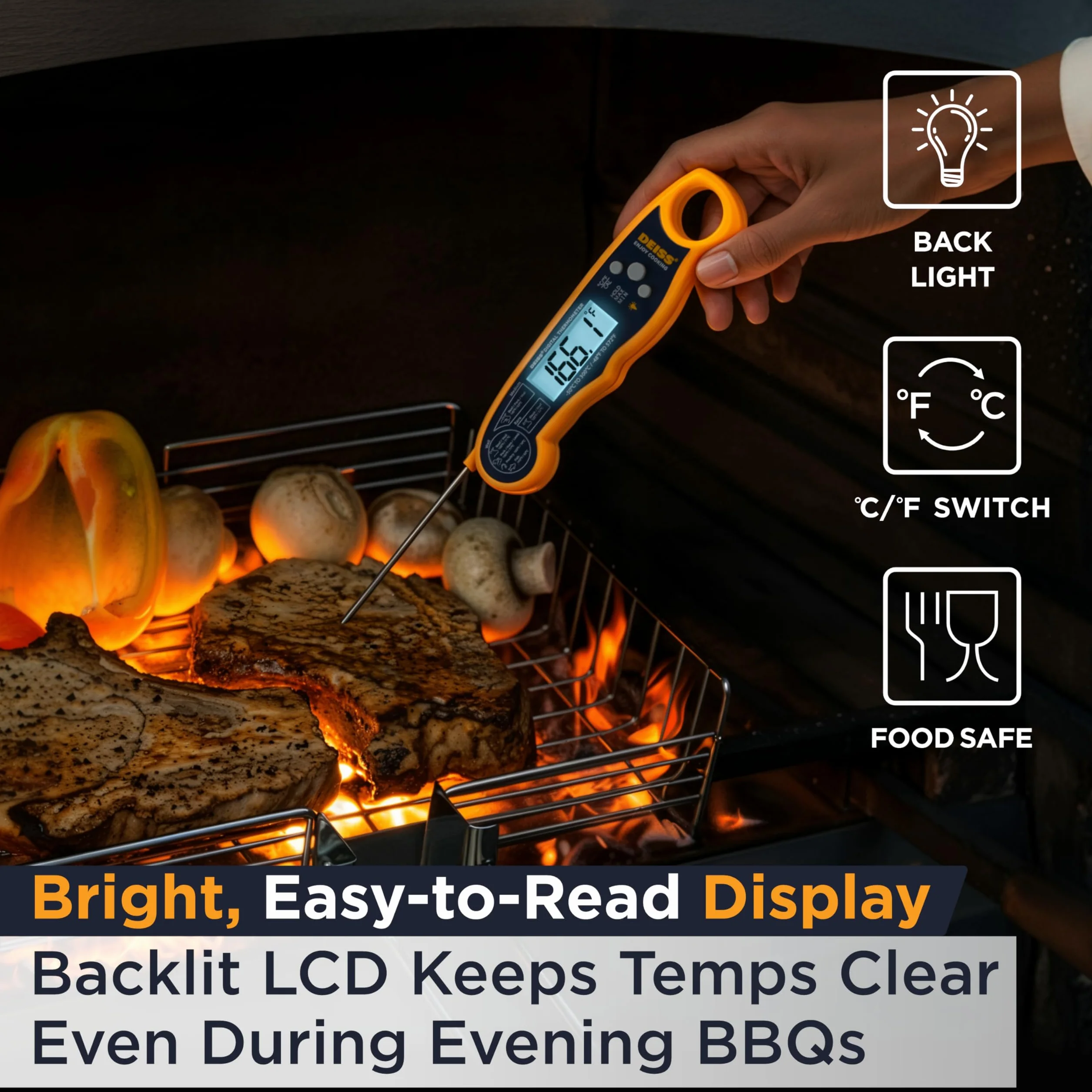 Deiss PRO Termometro per carne digitale - Letture precise e velocissime con display retroilluminato, funzione di memoria e calibrazione - Termometro da cucina professionale