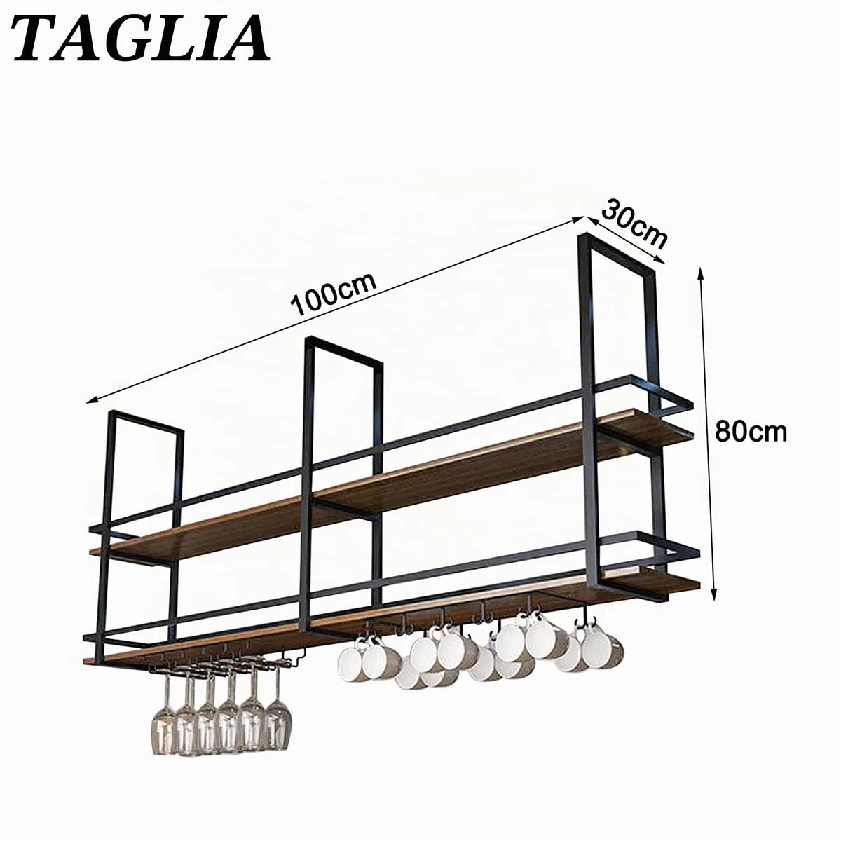 Portabottiglie da Soffitto - Mensola da Soffitto Porta Bicchiere da vino Sospeso, Portabottiglie da Appendere Industriale 2 strati per Cucina Bar Caffetteria (100×30×80cm, Black)