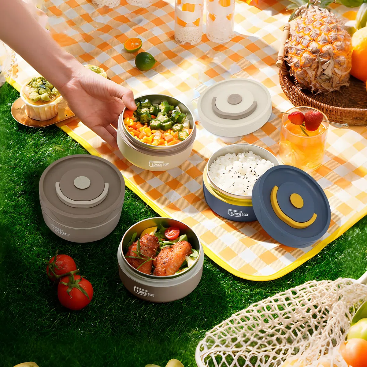 Tissting Contenitore Termico per Alimenti, 420ml Bento Box, Termico Impilabile Acciaio Inossidabile 304, Flask per Alimenti Caldi, Manico Barattolo Portatile Porta Pranzo (Beige isolante)