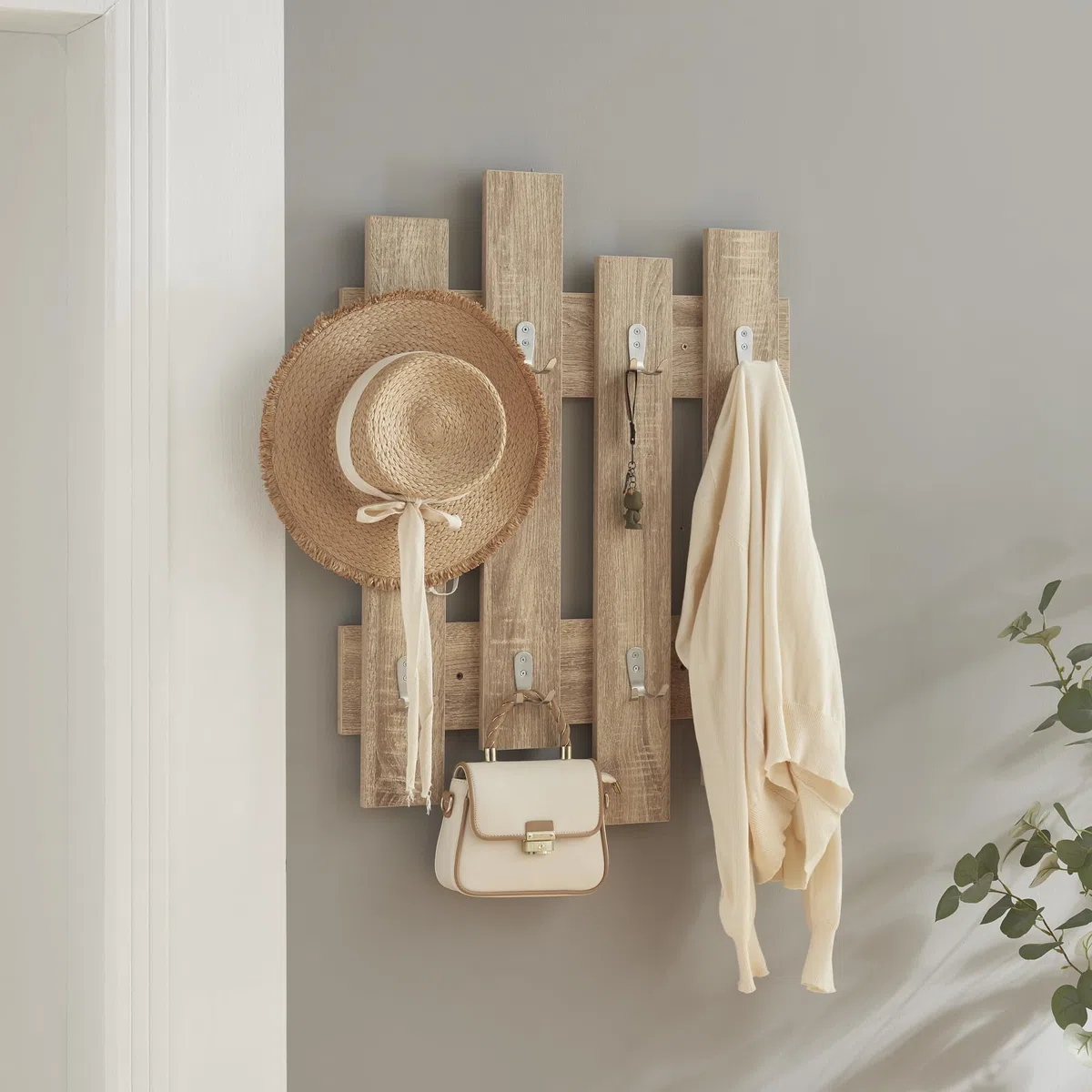 [en.casa] Appendiabiti da Muro Attaccapanni a Parete 4 Pannelli con 8 Paia di Ganci Porta Abiti Appendiabiti Moderno per Ingresso 80 x 60 cm - Effetto Rovere