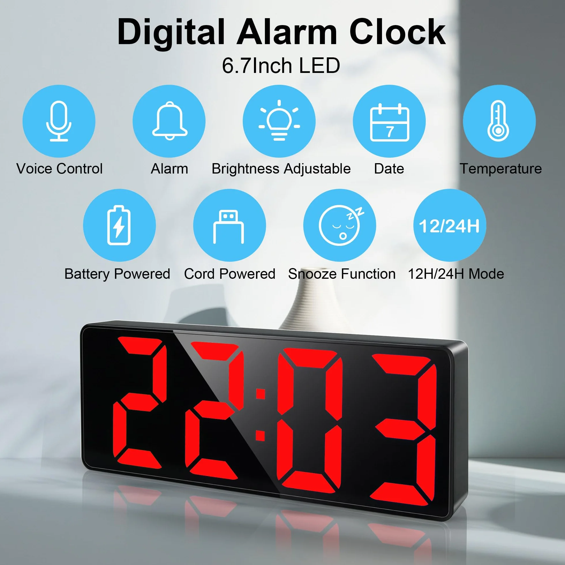 Lafocuse Sveglia Digitale da Comodino 6.7" LED Display, Orologio Digitale da Tavolo con Allarme, Snooze, Luminosità Regolabile, Temperatura, Datario, Sveglia Elettrica per Camera da Letto, Rosso