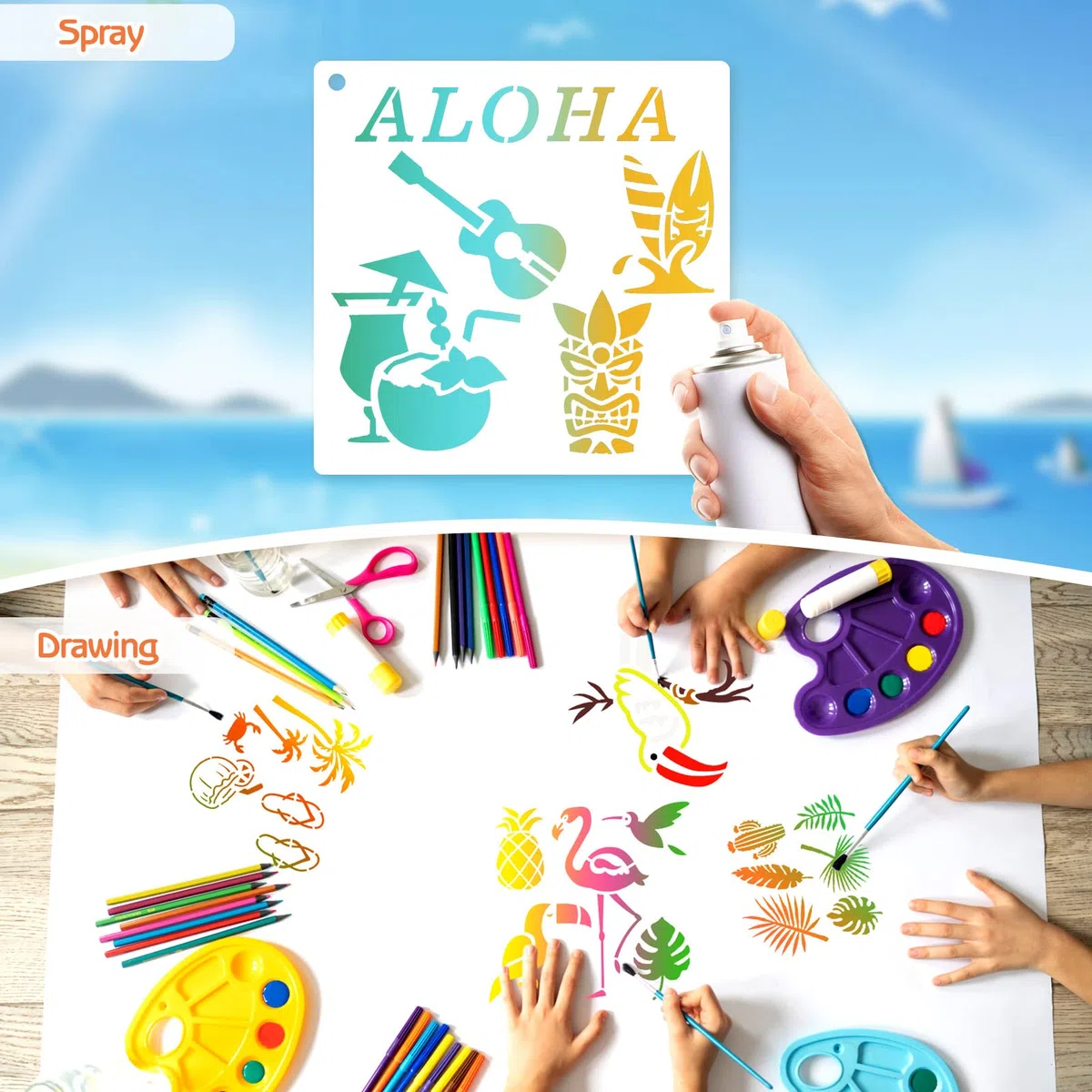 HOWAF Modello di Stencil a Hawaii, 16Pcs Plastica Fiore di Ibisco Stencil Fiori Fenicotteri Tucano Cocco Aloha Riutilizzabili Stencil per Artigianato Disegno Album di Ritagli Parete,14,7 x 14,7cm