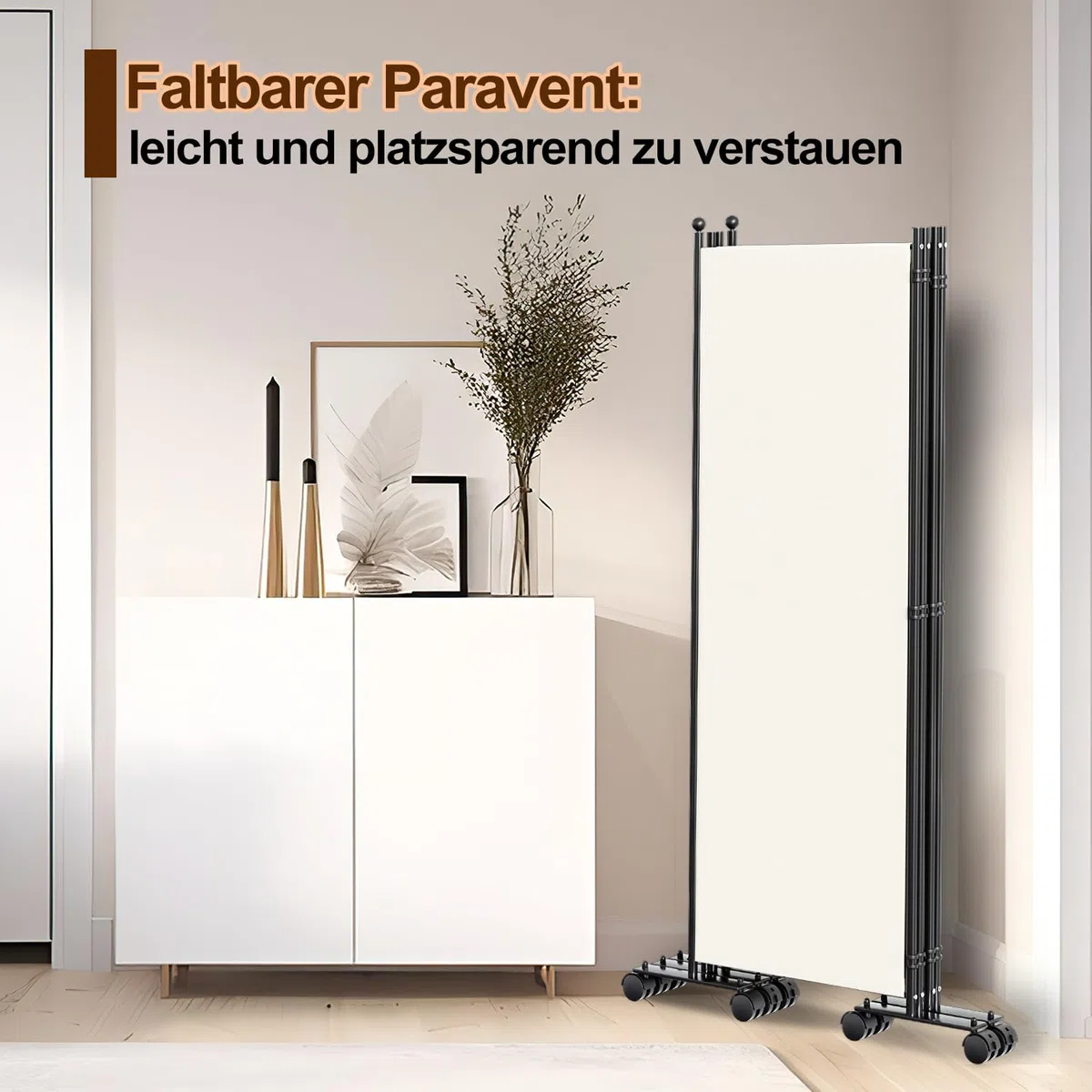 Paravent Interieur, 263 x 181 cm, divisorio pieghevole in 3 pezzi, divisorio da parete in metallo e poliestere, frangivista per interni, per casa, ufficio, terrazza, beige