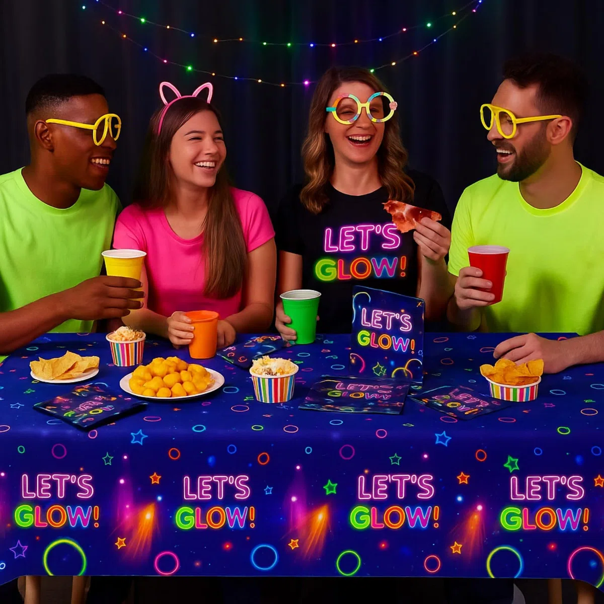 Set di 2 tovaglie impermeabili con 20 tovaglioli fluorescenti, reattivi ai raggi UV, in plastica PE facile da pulire, per feste di compleanno, decorazioni per interni ed esterni (stile A)