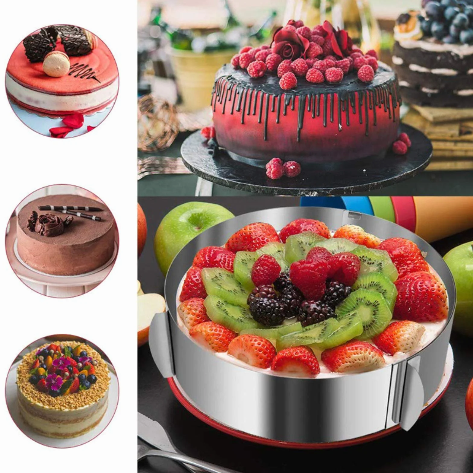 2 pcs Anello per Torta in Acciaio Inossidabile,Diametro Regolabile da 16-30cm(6-12 Pollici),DIY Stampo Circolare per Pan di Spagna,Dolci,Pasticceria,Torte Mousse(1 Anello Rotonda + 1 Rettangolare)