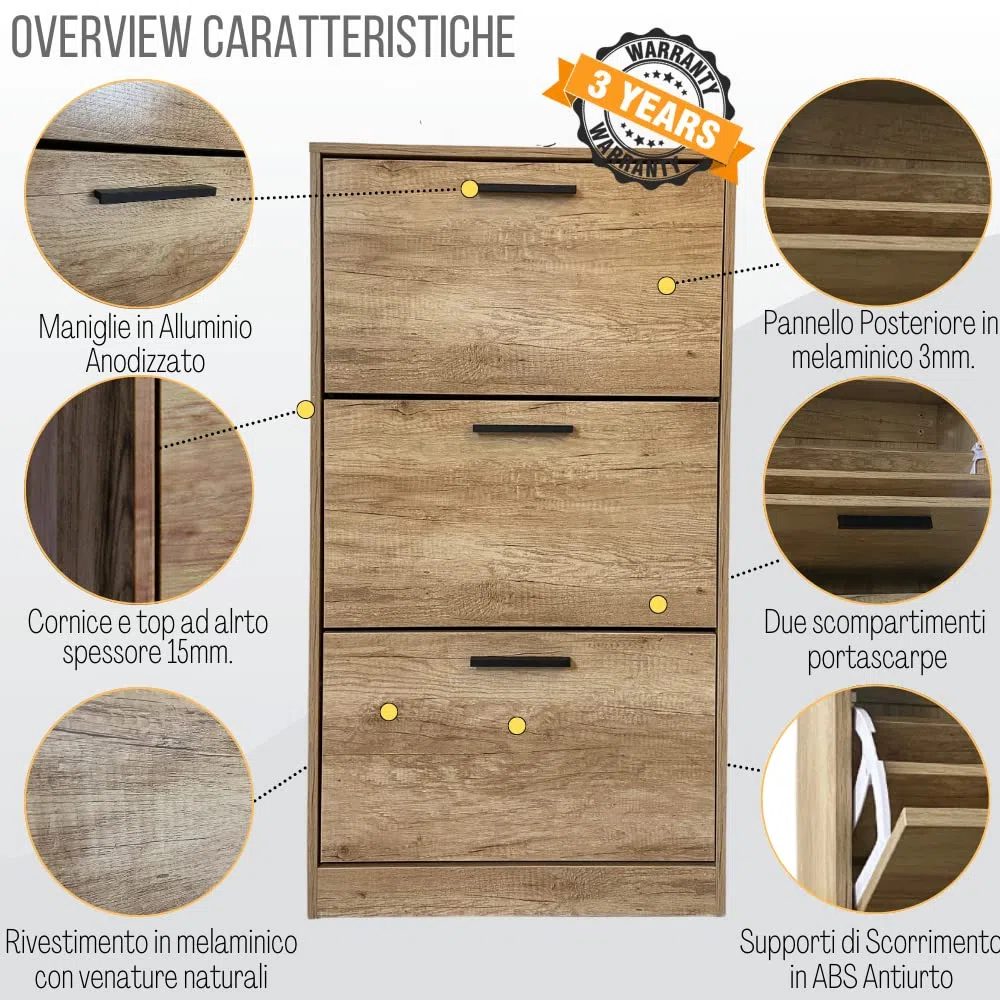ZIK - Scarpiera Salvaspazio Slim in Legno (63x24x115h) Scarpiera da Ingresso Verticale, Moderna, Scaffale Scarpe di Design Vari Colori per Vari Stili di Arredamento (Rovere - Maniglie Nere)