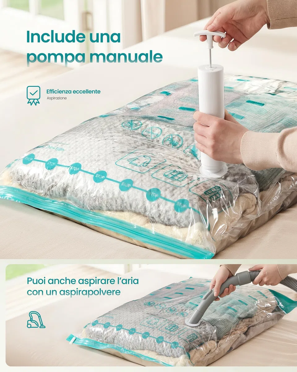 SONGMICS Sacchetti Sottovuoto, Sacchi Buste per Vestiti Lenzuola Armadi Viaggi, Compatti e Riutilizzabili, Pompa a Mano Inclusa, 8 Pezzi, 2M/3L/3J, Trasparente LVB105W101