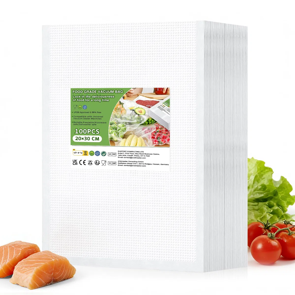 Oderra 100 Sacchetti Sottovuoto per Alimenti 20x30 cm - Bustine per Conservazione e Congelamento Sottovuoto - Compatibili con Tutte le Macchine Sottovuoto - per Imballaggio Alimentare