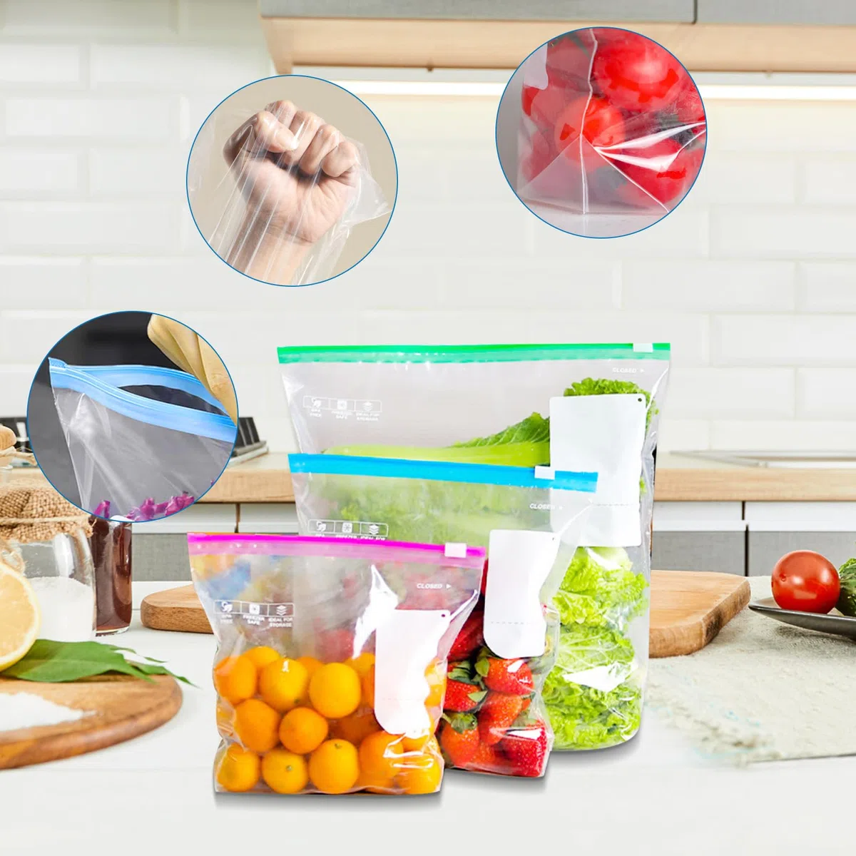 75 sacchetti per congelatore, con chiusura a cerniera, riutilizzabili, con chiusura a cerniera, per frutta, verdura, carne, cereali, snack, verdure, piccole, medie, grandi