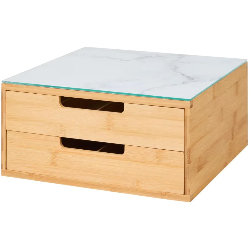 Porta Capsule Caffè in Bambù, Cassetto Estraibile, Supporto Macchina Copertura Vetro, Struttura Bamboo, Misura 30x30x10 cm, Universale Compatibile Tutte le Cialde (BIANCO DOPPIO CASSETTO)