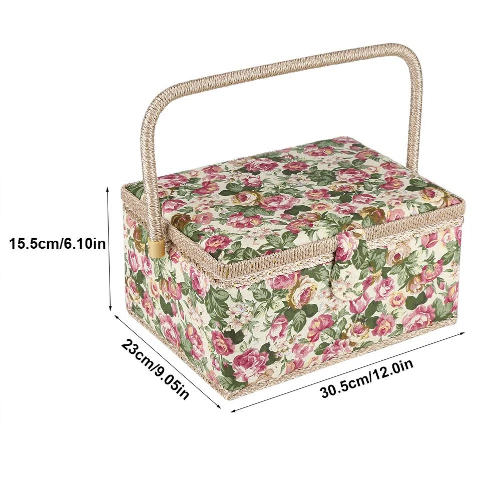 FLEXMAN Cestino da Cucito Grande, Scatola Portaoggetti per Kit da Cucito con Stampa Floreale in Tessuto, Organizer per Scatola da Cucito con Manico Ergonomico per Piccoli Articoli