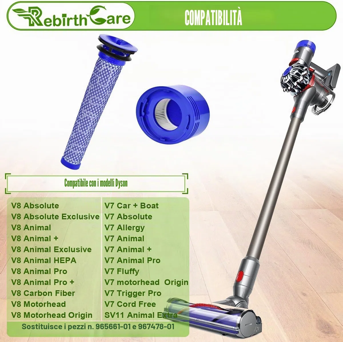 Rebirthcare 2 filtro V7 V8 per Dyson, ricambio per Dyson V7 V8 Absolute Animal Plus Pro Motorhead, set di filtri di ricambio per aspirapolvere No.DY-#965661-01 & 967478-01