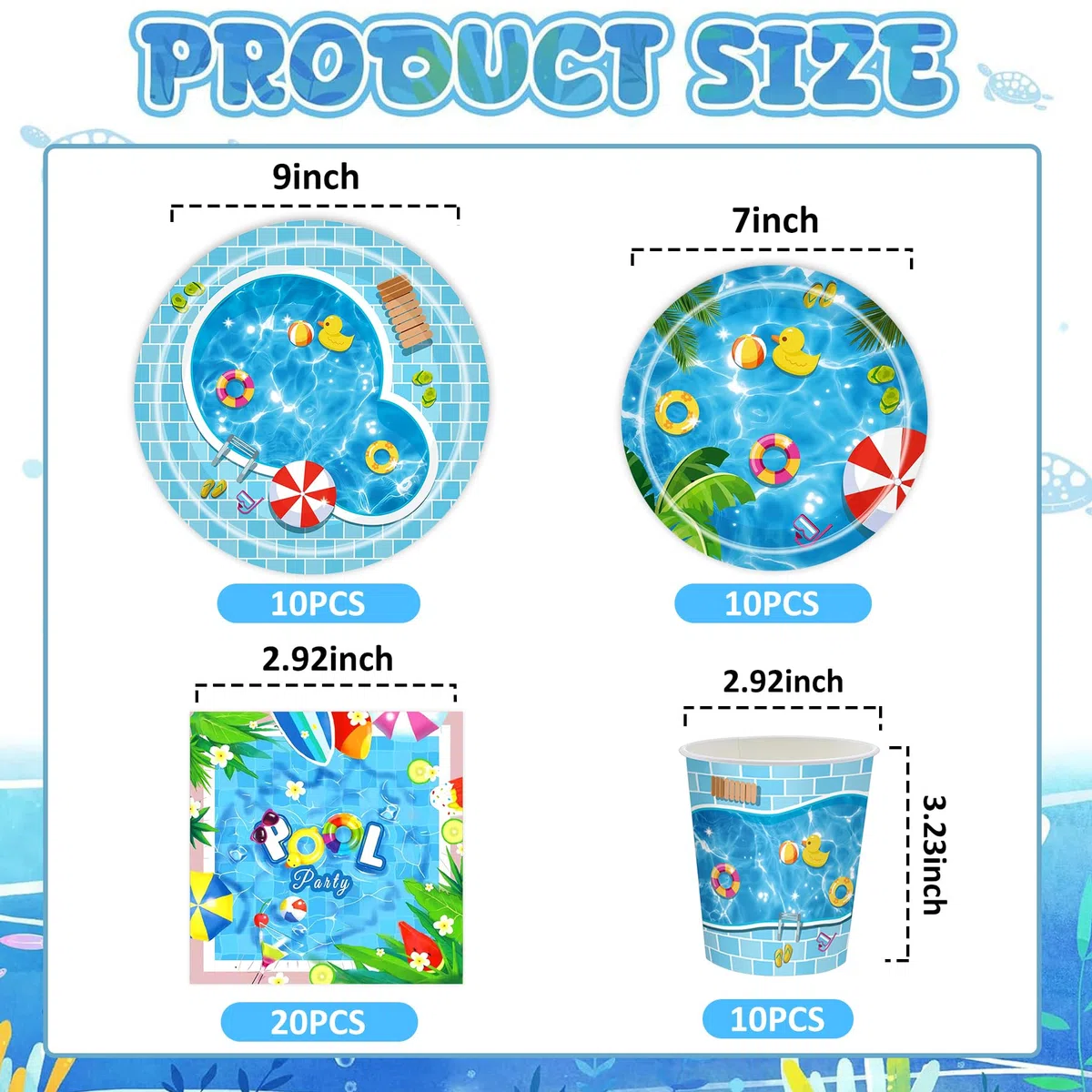 Jiahuade Set di stoviglie estive per feste in piscina, 50 pezzi, stoviglie per feste in piscina, tovaglioli, piatti di carta, bicchieri, stoviglie per 10 ospiti