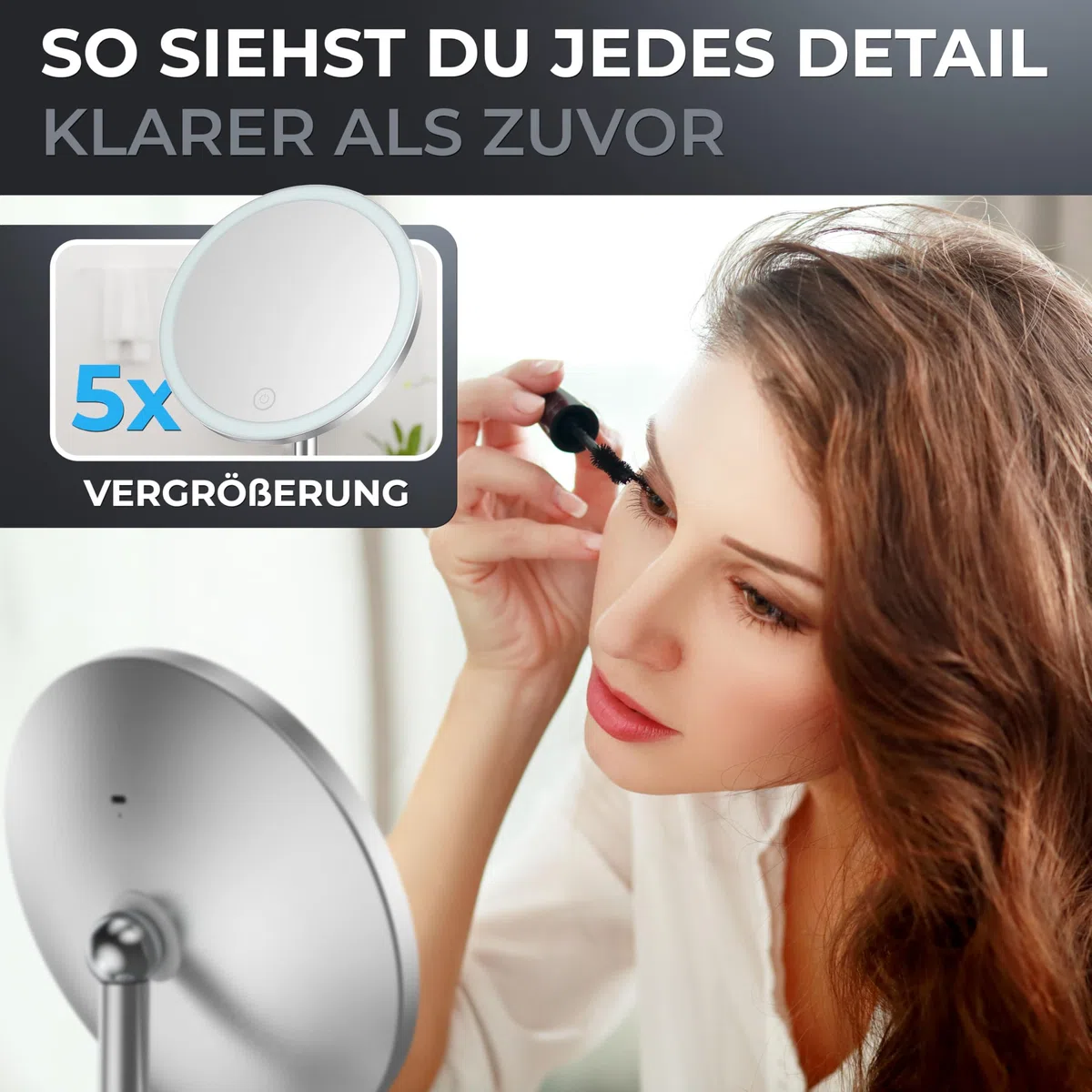 ovimar Specchio cosmetico Bogo argento | con illuminazione | ricaricabile | indipendente | nel bagno | Specchio ingranditore 5x | Specchio per il trucco con luce | Specchio a 360 gradi