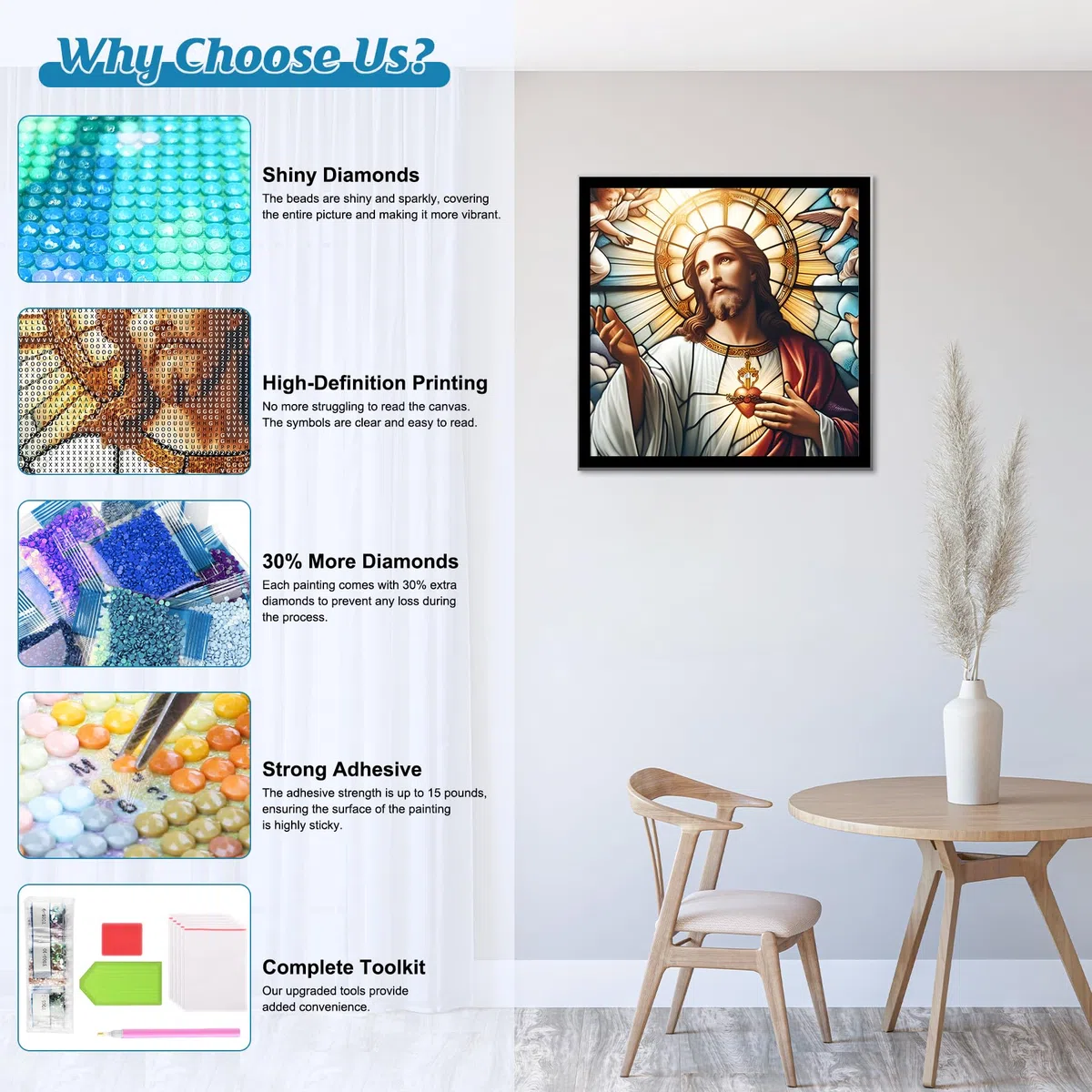 Bowetile 5D Gesù DIY Diamond Painting Kit Completo, Kit Completo Vetro Colorato Diamond Painting Per Adulti, Gesù Diamant Painting Per Adulti, Decorazioni Per Casa 30x30 cm