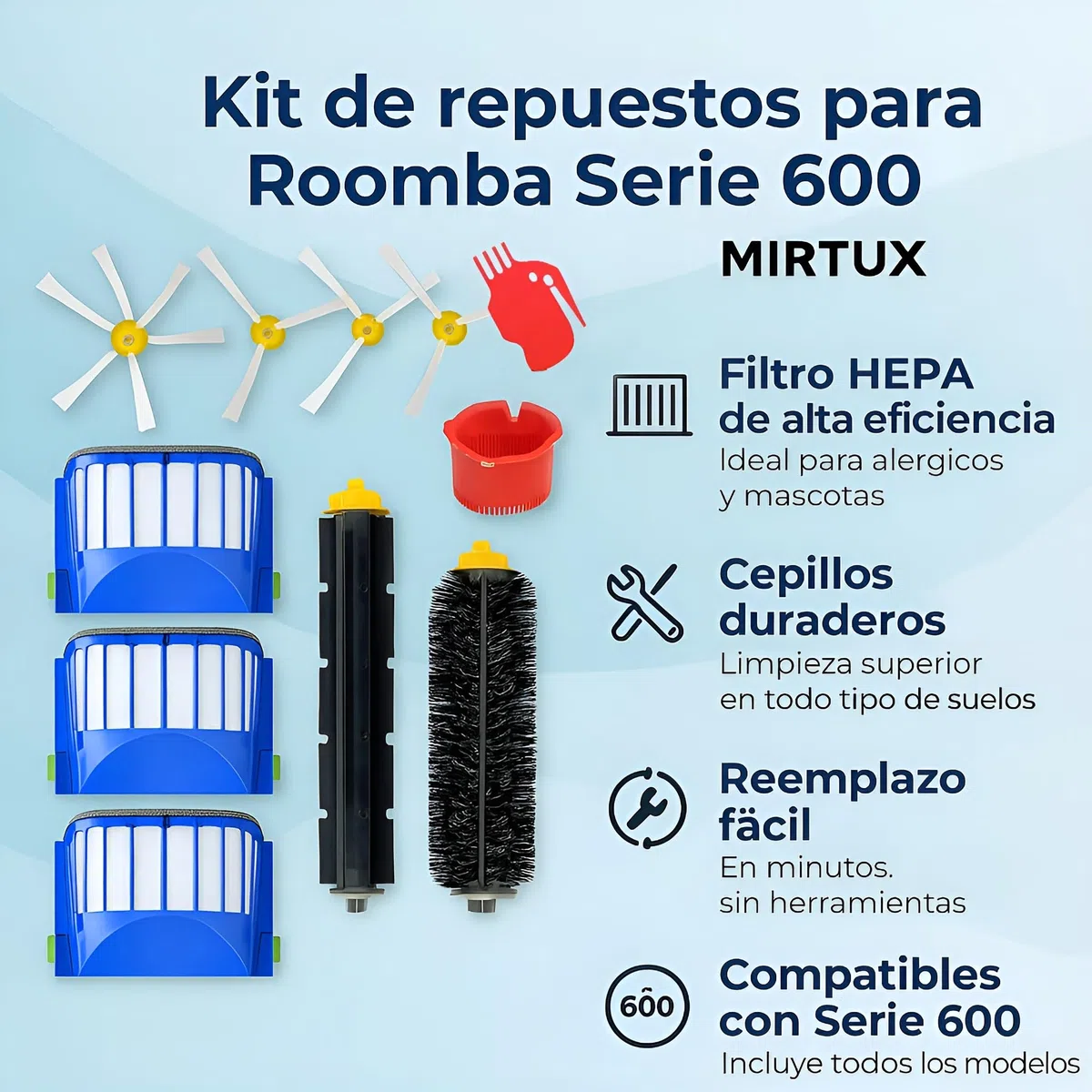 Mirtux- Kit di pezzi di ricambio per iRobot Roomba 600 610 614 620 625 630 635 640 645 650 655 660 665 670 671 680 690 691 Pack di spazzole e accessori di ricambio per aspirapolvere