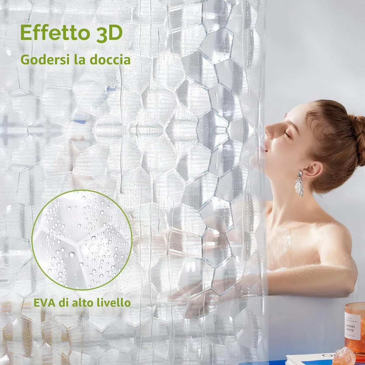OTraki Tenda da doccia trasparente, 182,9 x 198,1 cm, tenda da doccia lunga con cubi 3D, impermeabile, con 12 occhielli e ganci