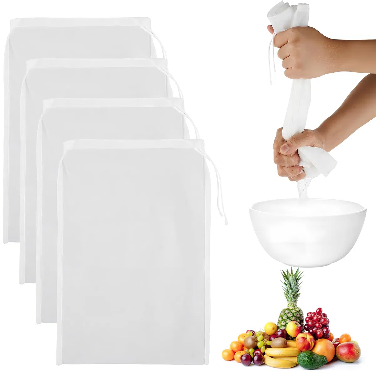 Volumoon 4 Pezzi 200 Mesh Panno Filtrante a Maglia Fine, Sacchetto Filtro in Nylon con Coulisse per Latte di Mandorle e Noci, 20x30CM